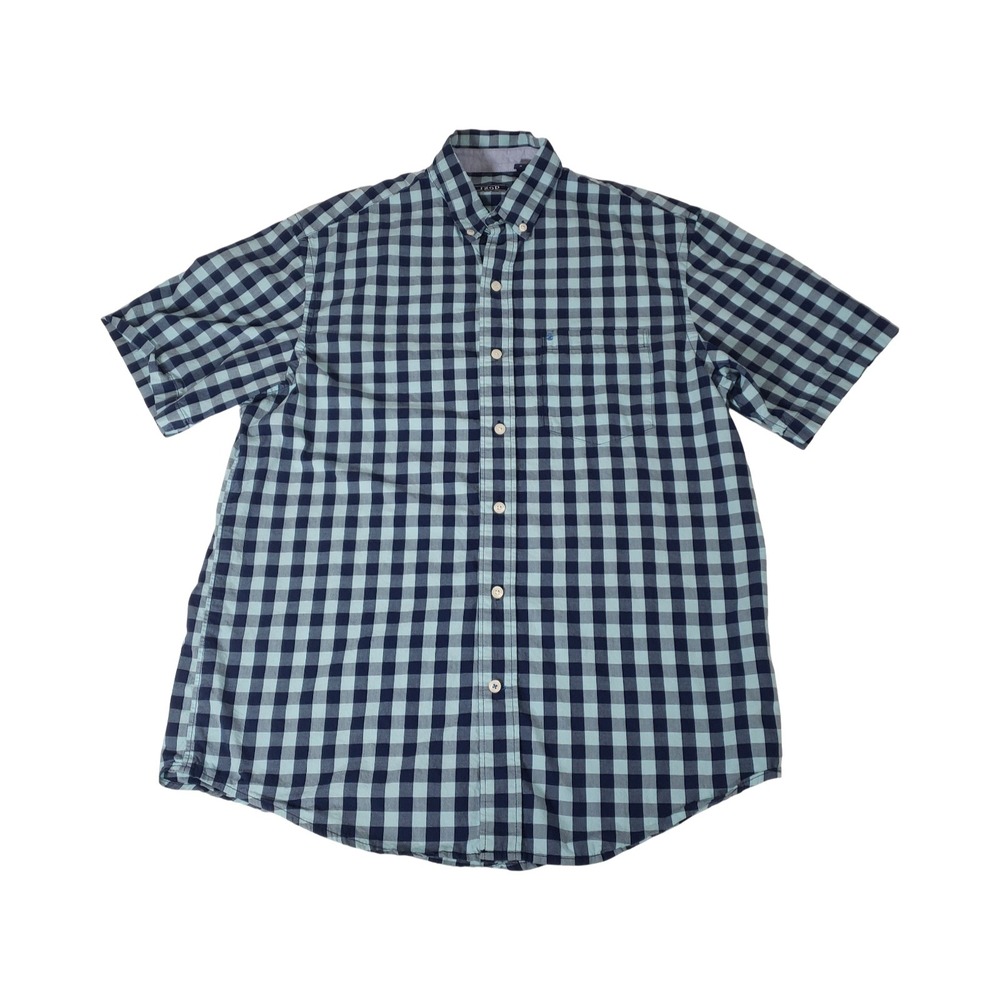 IZOD Mens Medium Navy Blue Aqua Gingham Check Short Sleeve Button Down Shirt